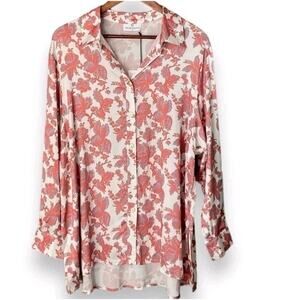 Chloe Kristyn NWT Floral Erin Blouse Size 1X White Coral Pink Belted Button Down